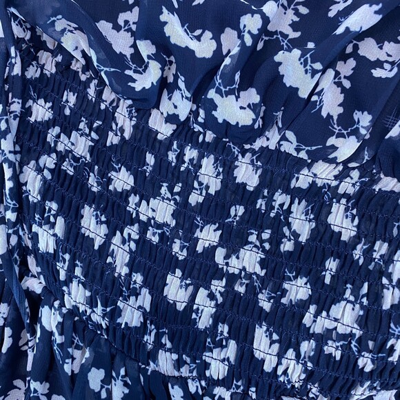 Lucca Navy Blue White Floral Chiffon Ruffle Boho long Sleeve Dress Small - Picture 5 of 9